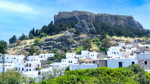 View of Lindos the city with white colored houses in Greece.