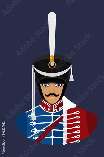 Private, Belorusskiy hussar regiment 1812-1814. Avatar of a man in historical military uniform. Historical military costumes. Flat illustration.