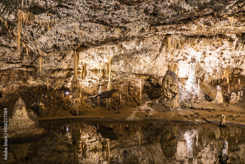 Cave with stalactites and stalagmites. The geological formation of Punkva Caves