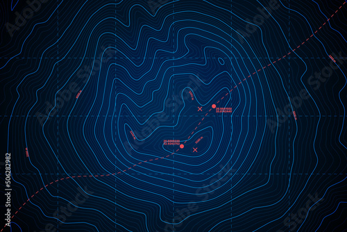 Sea Abyss Vector Topographic Map With Depth Route And Coordinates Conceptual User Interface Dark Blue Background. Bermuda Triangle Underwater Area Abstract Illustration. Topography Relief Territory