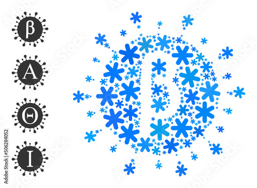 Composition Beta covid virus icon is combined for winter, New Year, Christmas. Beta covid virus icon mosaic is composed of light blue snow icons. Some bonus icons are added.