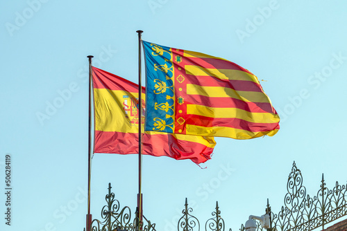 Spanish and valencian flags on the Plaza de Toros de Valencia