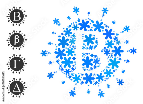 Mosaic Beta coronavirus icon is organized for winter, New Year, Christmas. Beta coronavirus icon mosaic is made of light blue snow icons. Some bonus icons are added.