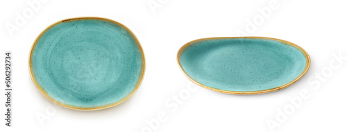 Oval porcelain plate isolated on a white background. Front view of turquoise tableware with yellow border. Top view on empty dish for food design. Modern colorful crockery cutout.