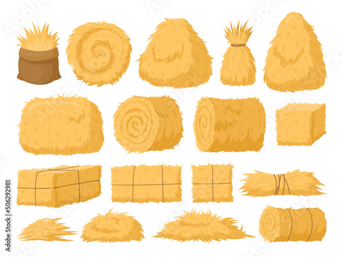 Cartoon haystack, rural hay rolled stacks and agricultural haycocks. Dried haystack, fodder straw and farm haystacks vector symbols illustrations set. Bale of hay collection