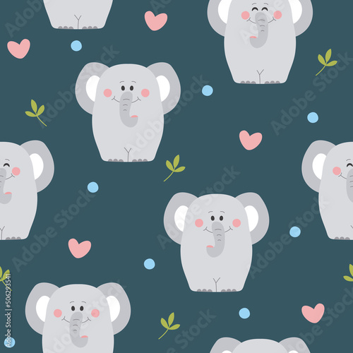Seamless pattern with cute elephants. Vector hand drawn illustration for kids design. 