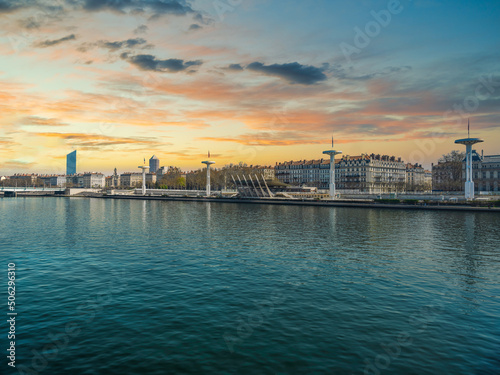 Lyon old city on river Rhone during a spring sunset