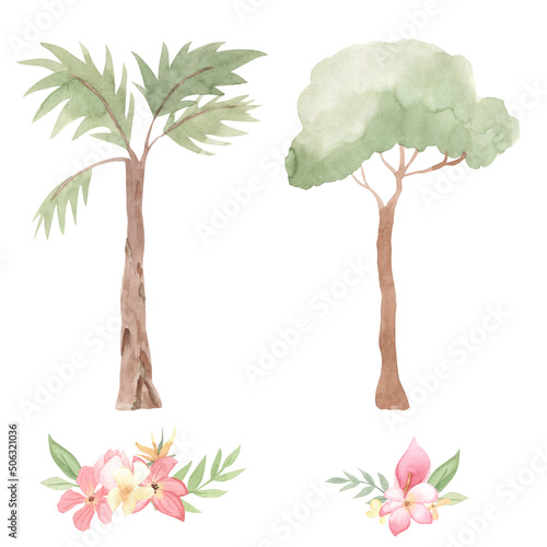 Watercolor palm and tree illustration for kids