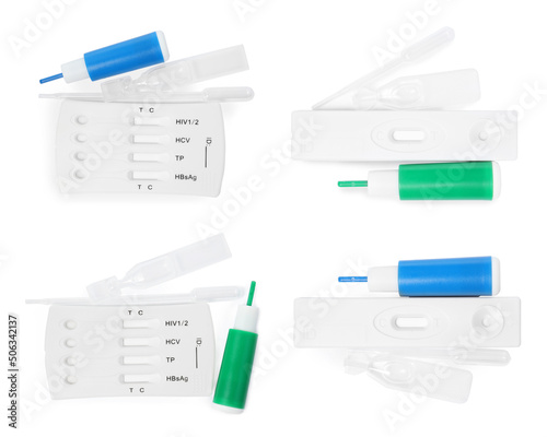 Set with disposable express test kits for hepatitis on white background, top view