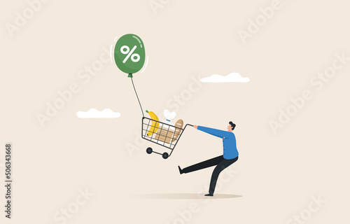 Food price crisis, Inflation reflects higher prices of goods and services. an increase in the price of consumer goods. men trying to catch the shopping cart full of food flying away.