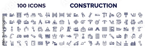 set of 100 construction web icons in outline style. thin line icons such as garden fence, angle grinder, bulldozer, demolition, big clippers, paving, hex key, trolley truck, electric drill, crane