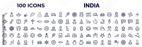 set of 100 india web icons in outline style. thin line icons such as assam, dung, ashoka, ratha-yatra, tikka masala, kumbh kalash, namaste, nakatheng, indian tea, ardhanareeswara, chandra, guru