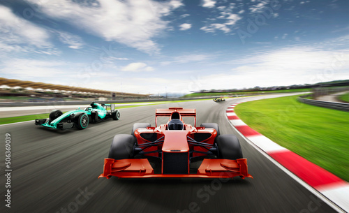 Motorsport cars racing on race track with motion blur background, cornering scene. 3D Rendering.