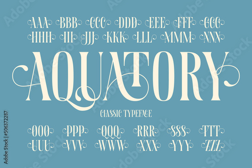 Vector classic typeface named Aquatory with english alphabet