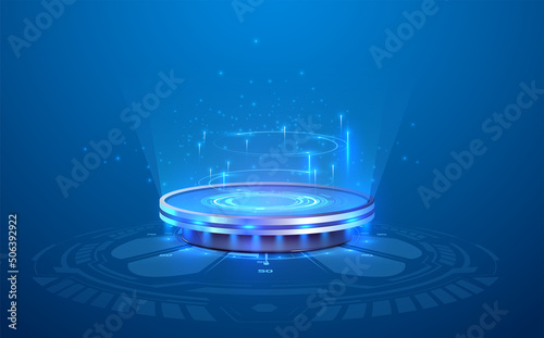 Circle portals, teleport, hologram gadget. Blank display, stage or magic portal, podium for show product in futuristic cyberpunk or hud style. Sky-fi digital hi-tech elements for presentation product.