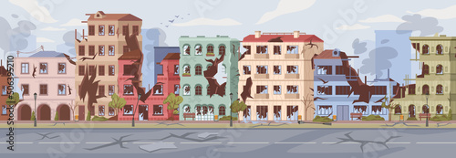 Abandoned houses and multi story buildings of city. Damages and destroyed infrastructure in town. Cityscape with consequences of catastrophe vs cataclysm. Disaster or earthquake vector illustration