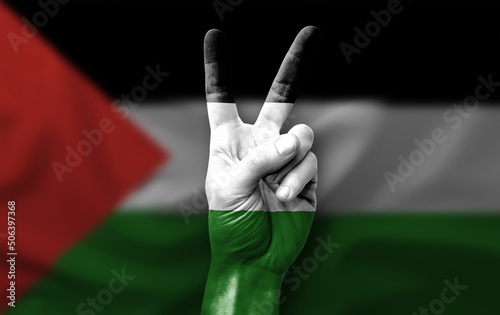 Hand making the V victory sign with flag of palestine