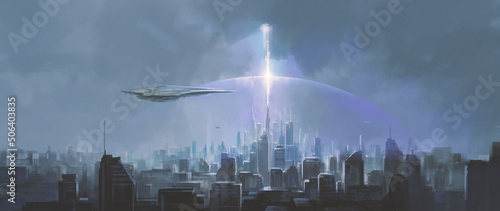 The light over the city reaches into the sky, 3D illustration.