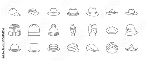 Hats doodle illustration including icons - vintage fedora, beanie, gentleman bowler, baseball cap, sun vizor, beret, cowboy, bucket, summer panama. Thin line art about clothes. Editable Stroke