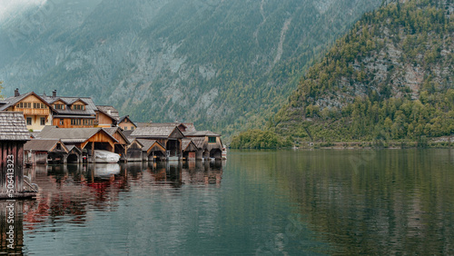 Wooden boathouses forming the waterfront of Hallstatt