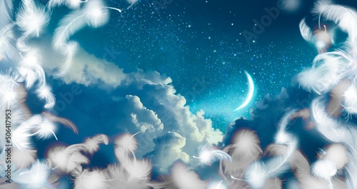 Illustration of mysterious background of blue night sky with fluffy white angel wings and colorful clouds. 