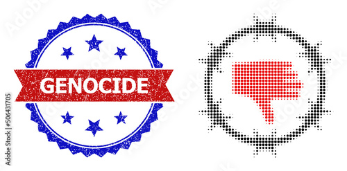 Halftone genocide camp icon, and bicolor unclean Genocide seal stamp. Halftone genocide camp icon is designed with small circle items. Vector seal with grunge bicolored style,