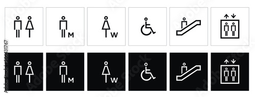 male and female toilet symbols. disabled icon. gender icon. restroom pictogram. Elevator and Escalator public signage. WC signage symbol.