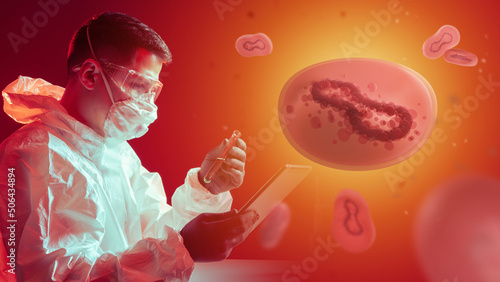 Doctor and Monkeypox molecules. Virologist with test tube. Concept of searching for antibodies to Monkeypox virus. VACV-5C7 antibodies. Man in chemical protection suit. Monkey pox bacteria on red