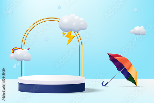 Product podium design for monsoon season surrounded with monsoon elements