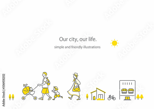 街を散歩する四人家族 シンプルでお洒落な線画イラスト