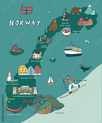 Norway Oslo map architecture objects, travel vector illustrations set 