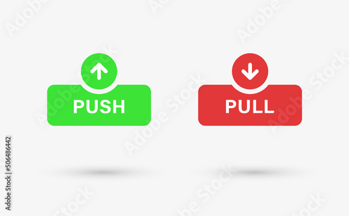 push and pull buttons sign with arrow up down icon in modern label banner. arrows direction button 