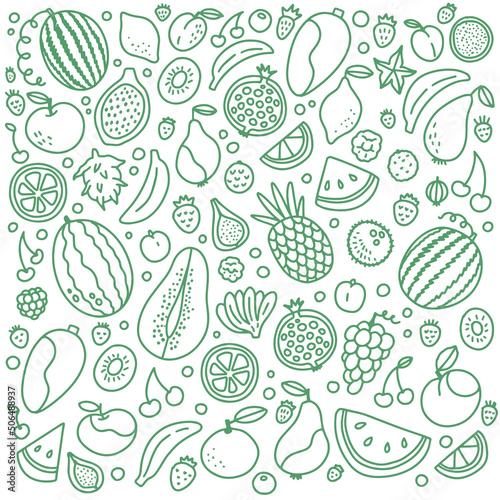 Doodle green fruits and berries set vector