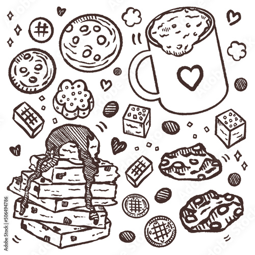 Set of doodle sweet food vector illustration on white background. Hand drawn sketch with desserts, cookie, coffee, ice cream for bakery shop or cafeteria