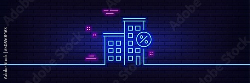 Neon light glow effect. Loan house percent line icon. Discount sign. Credit percentage symbol. 3d line neon glow icon. Brick wall banner. Loan house outline. Vector