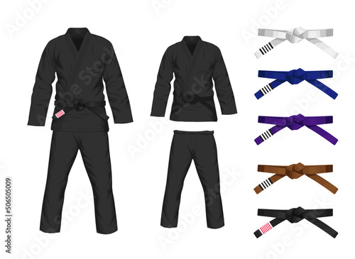 BJJ White Gi flat vector illustration. Kimono and pants with all belts vector illustration in flat style. Brazilian Jiu-Jitsu kit. Isolated. on black background. 