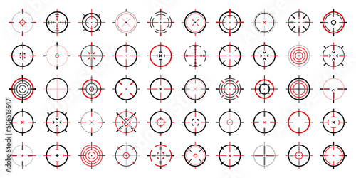 Crosshair, gun sight vector icons. Bullseye, black target or aim symbol. Military rifle scope, shooting mark sign. Targeting, aiming for a shot. Archery, hunting and sports shooting. Game UI element.