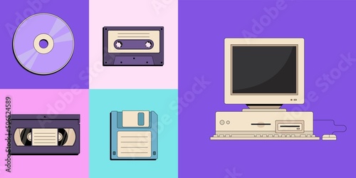 Back to 90s. Old fashioned vector flat set of old computer pc, vintage video cassette, retro floppy disk, tape recorder cassette and compact disc. Nostalgia for 1990s