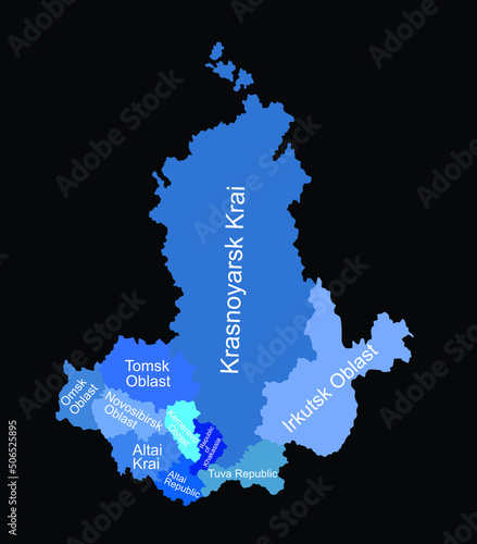 Russia, Siberian Federal District map vector silhouette illustration isolated on black background. Siberia map: Tuva, Tomsk, Omsk, Altai, Khakassia, Novosibirsk, Krasnoyarsk, Kemerovo, Irkutsk oblast.