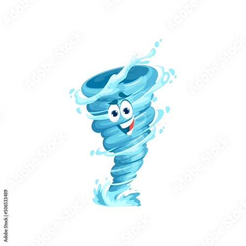 Cartoon tornado character, storm, whirlwind twister or cyclone vector emoji with happy smiling face. Isolated funnel of hurricane wind, waterspout or tornado vortex personage, extreme weather emoticon