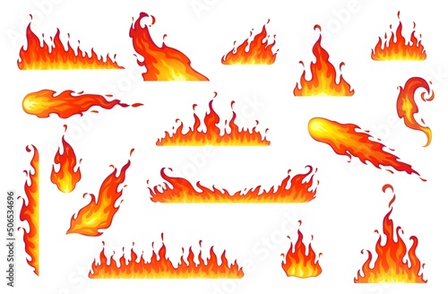 Cartoon isolated fire flames, bonfire. Vector campfire, comet, fireball or torch burning blaze. Glowing shining borders with long waving tongues. Decorative ignition stripes of fire flames