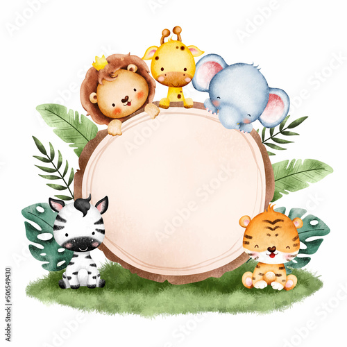 Watercolor Illustration Cute Baby Animal Frame template 
