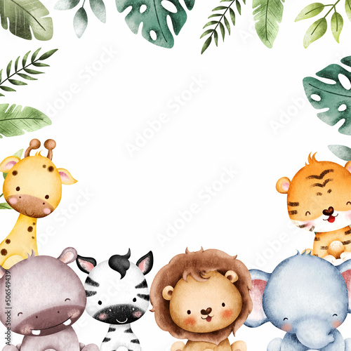 Watercolor Illustration Cute Baby Animal Frame template 