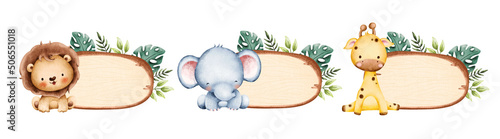 Set of wooden board with leaves and baby animals