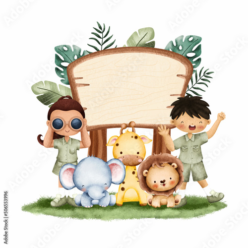 Kids and wooden sign with safari animals 