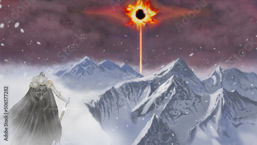 Winter fantasy landscape with knight stands look at eclipse with his magic sword on his hand, against the background of snow mountain and blizzard, digital art style, fine art illustration painting.