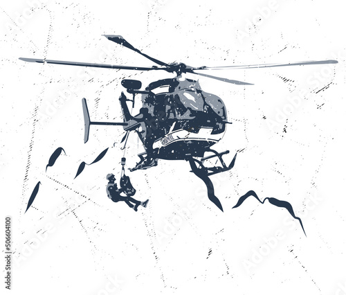 Helicoptère de secourisme en montagne en vol. First aid helicopter in montain. 