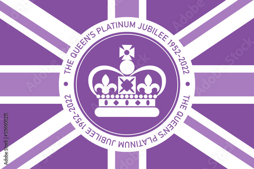 The Queen's Platinum Jubilee celebration sign crown in circle with union jack flag in purple color. Vector flat illustration. Design for greeting card, banner, flyer