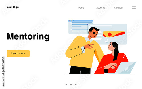 Mentoring banner with business coach helps employee. Vector landing page of mentorship, support and training people to achieve goals in career. Flat illustration of mentor and worker with laptop
