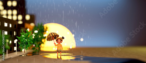 Hello Monsoon Banner Design With 3D Little Girl Holding Umbrella, Tree And Sun On Rainfall Background.